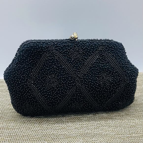 VTG Richere Black Hand Beaded Evening Clutch Bag Japan - Picture 1 of 7